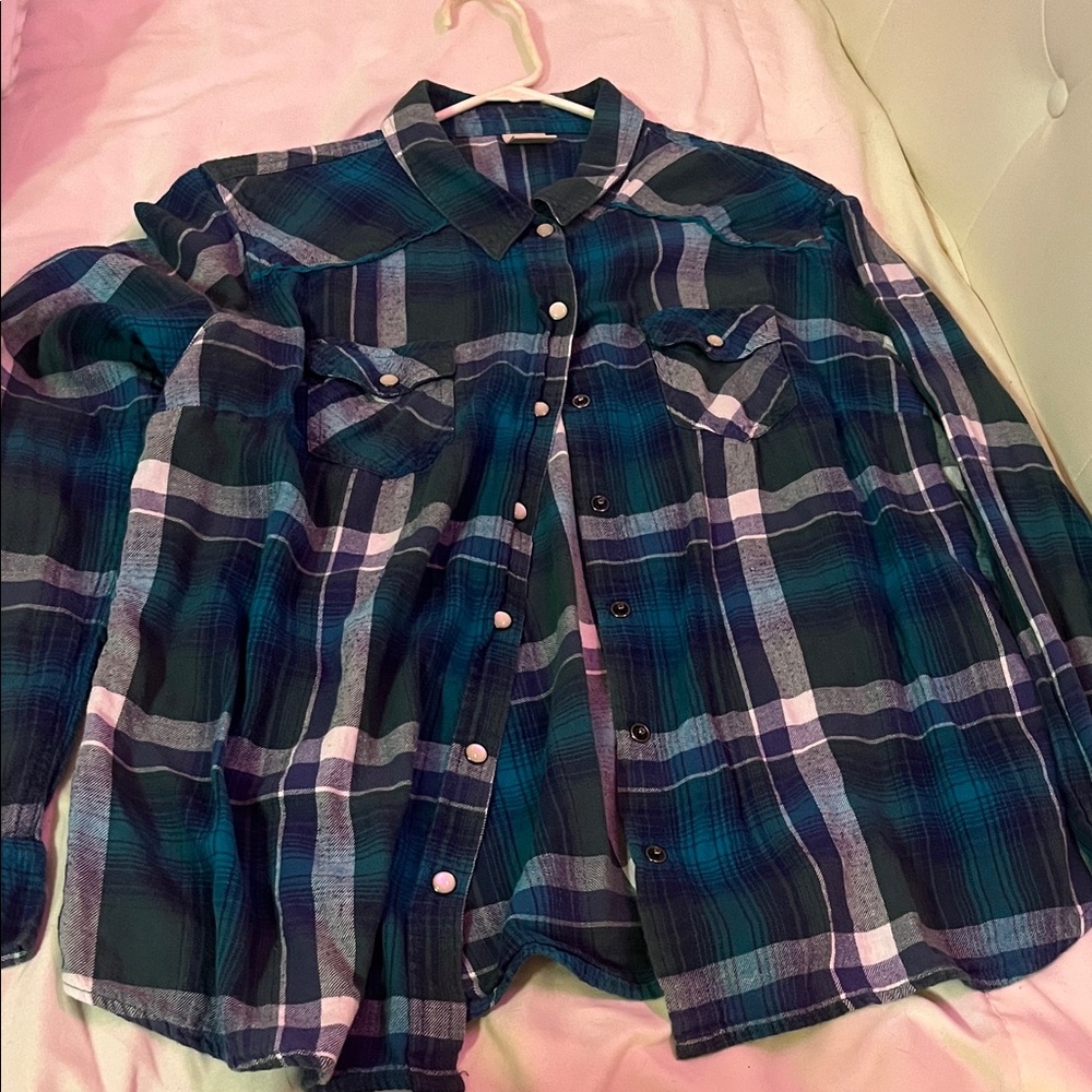 Mossimo Supply Co. Blue and Green Plaid Button Down Shirt